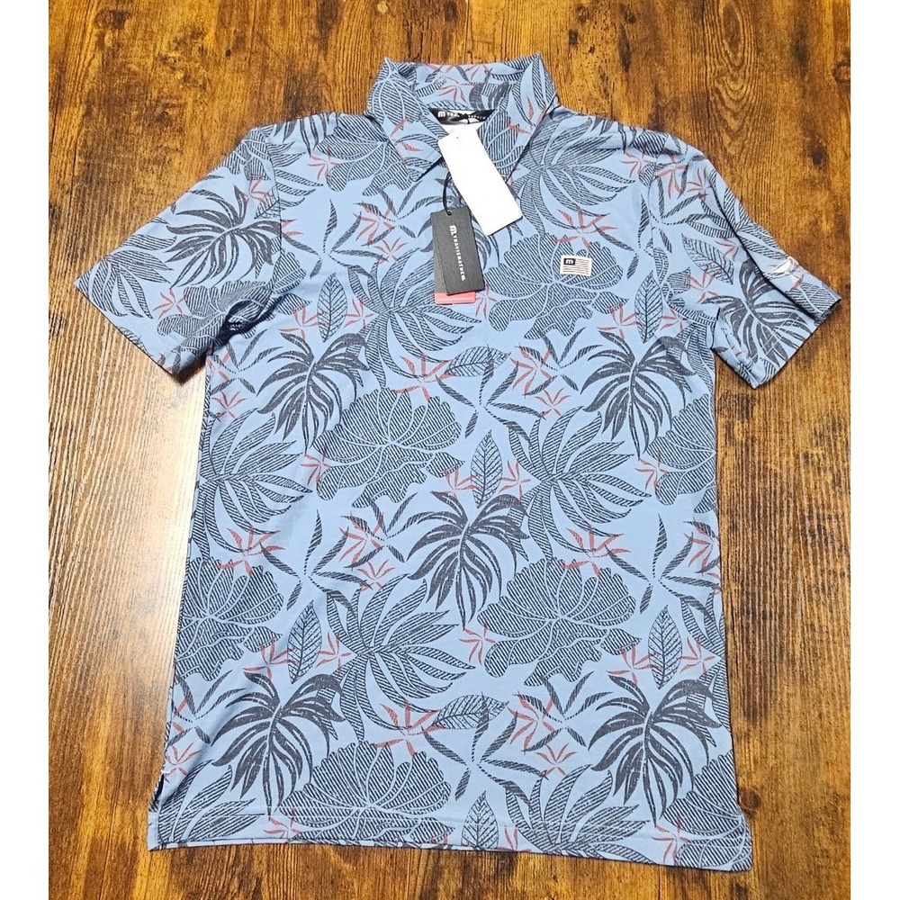 TravisMathew Mens Blue Tropical Leaf Print Golf Polo Shirt Small NWT